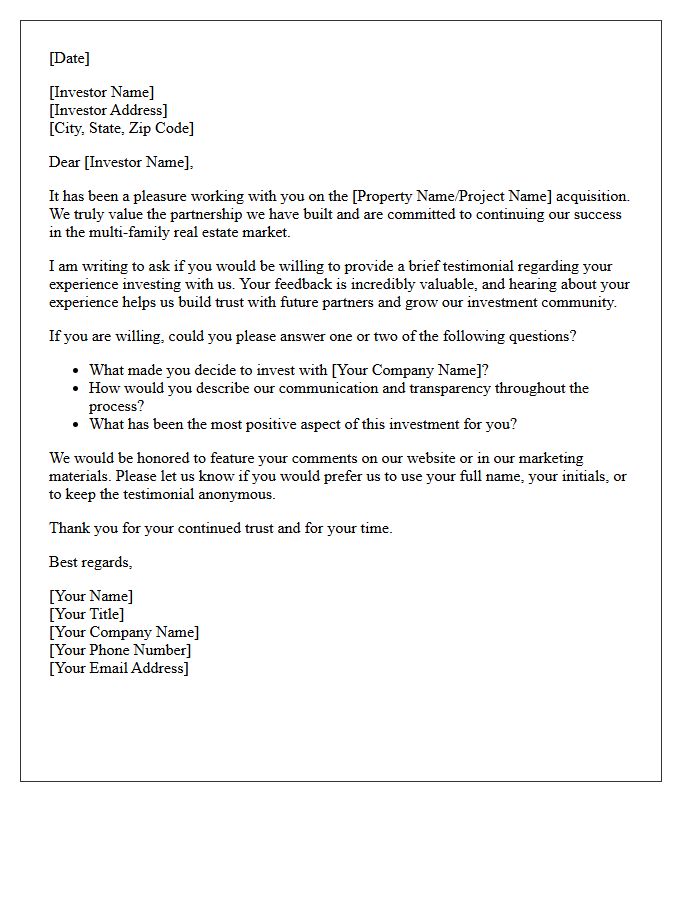 Multi-Family Property Investor Testimonial Request Letter