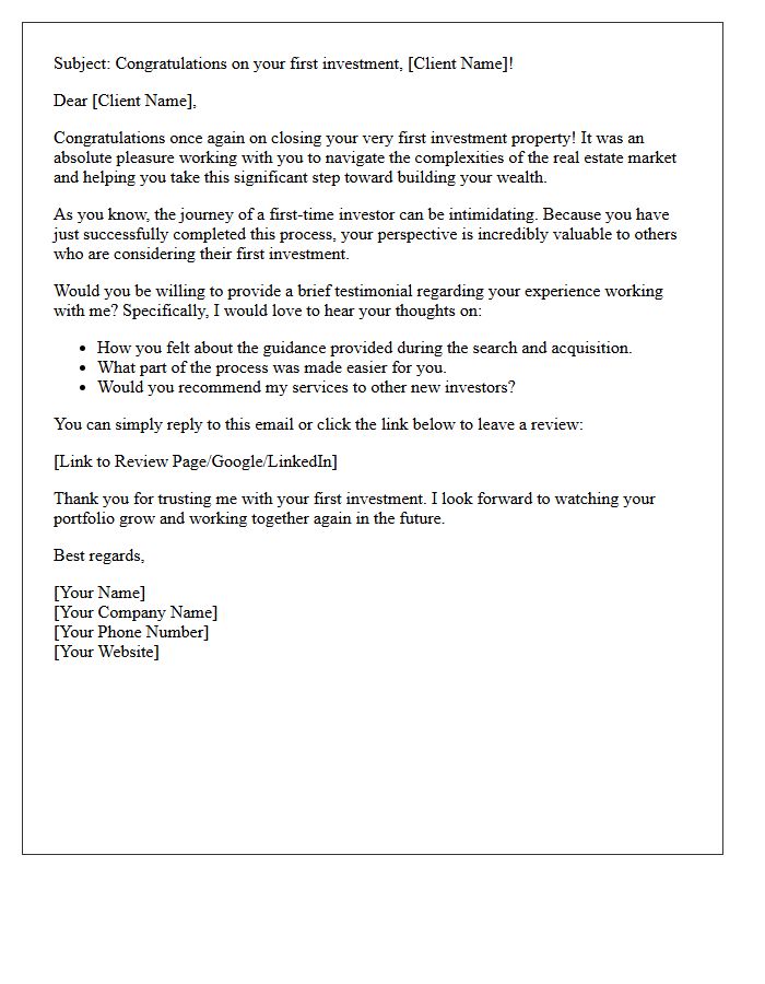First-Time Real Estate Investor Testimonial Request Letter