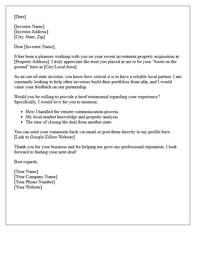 Out-of-State Real Estate Investor Testimonial Request Letter