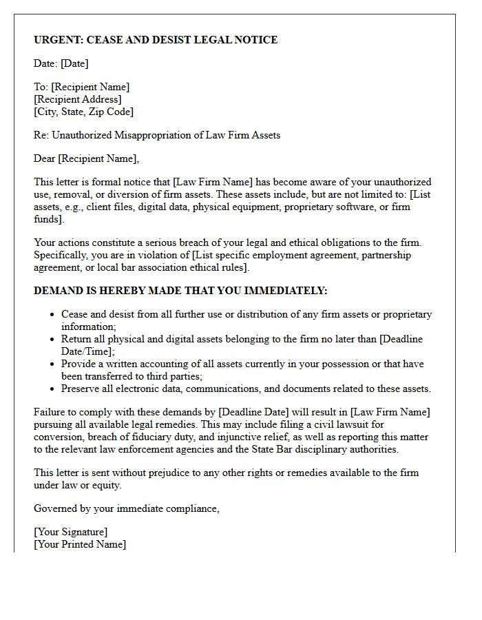 Misappropriation Of Law Firm Assets Cease And Desist Letter