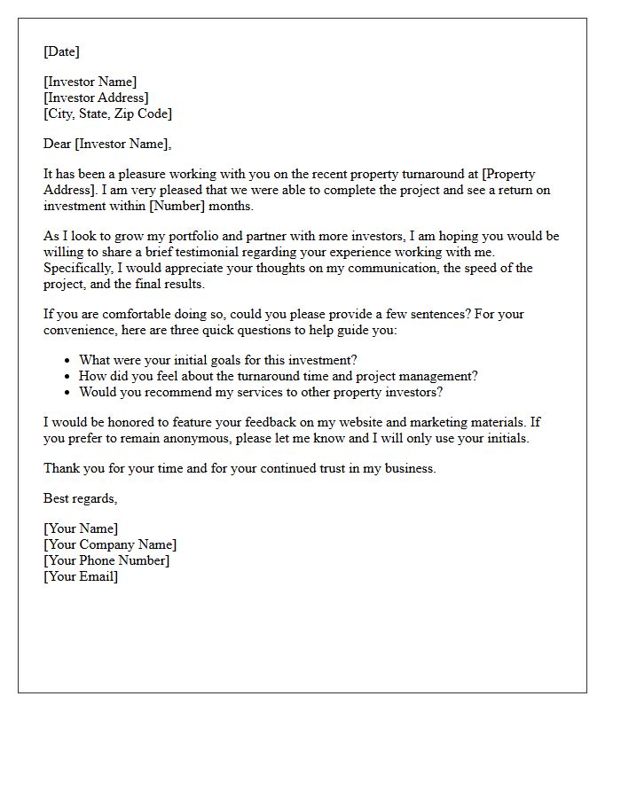 Quick Property Turnaround Investor Testimonial Request Letter