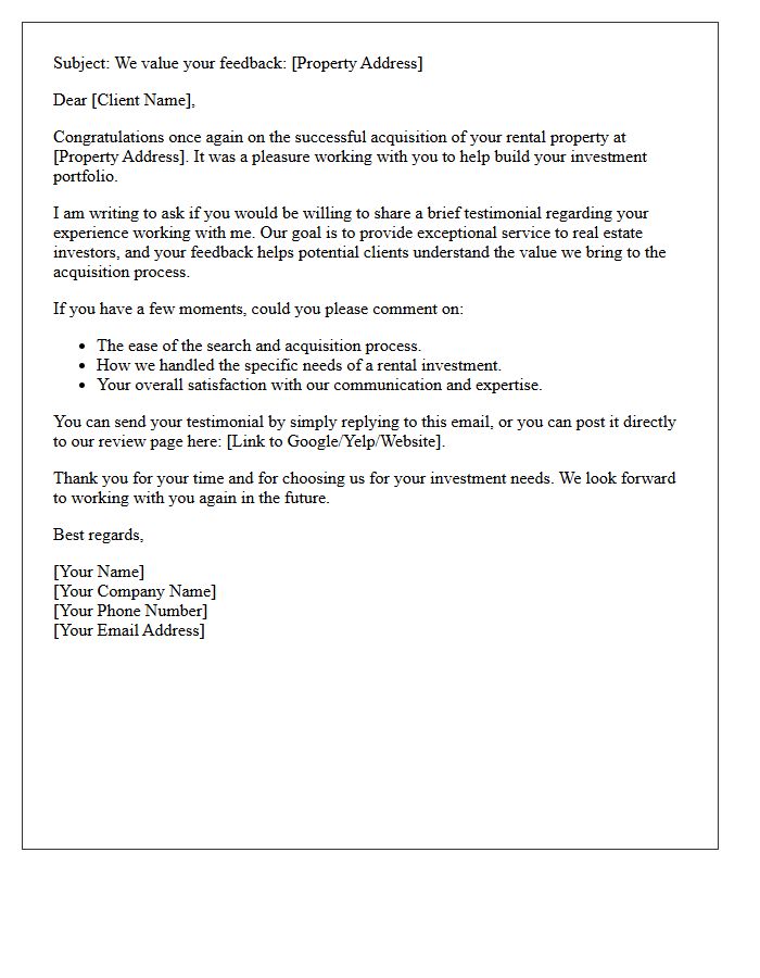 Rental Property Acquisition Testimonial Request Letter