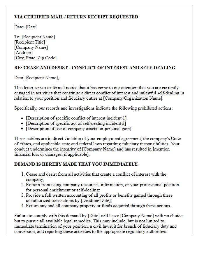 Conflict Of Interest And Self-Dealing Cease And Desist Letter