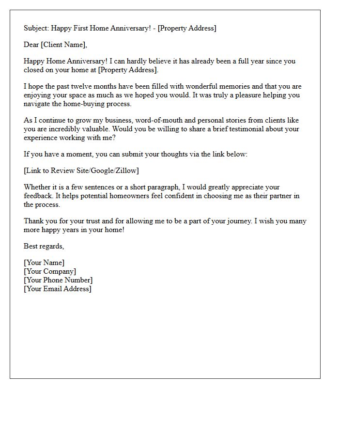 First Home Anniversary Testimonial Request Letter