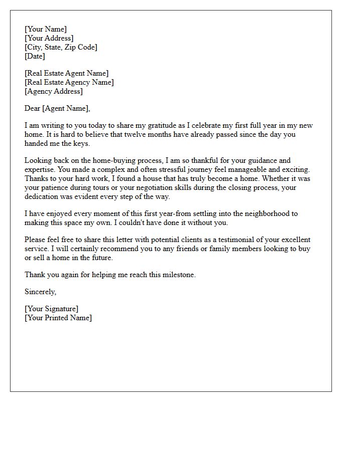 Happy First Anniversary Homebuyer Testimonial Letter