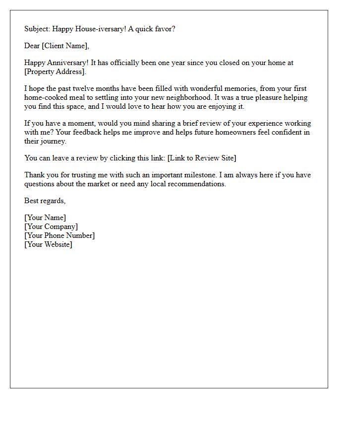 One Year Of Home Memories Review Request Letter