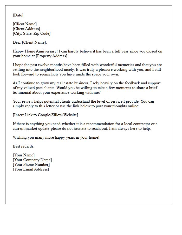 Real Estate Client One-Year Follow-Up Testimonial Letter