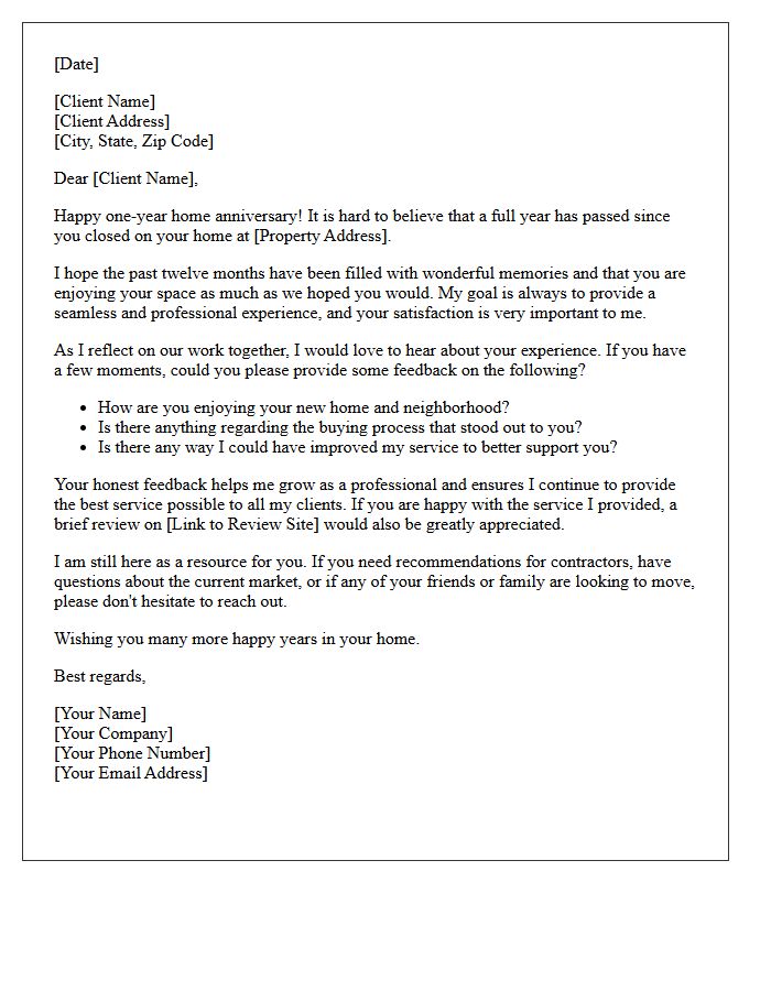 First Milestone Home Anniversary Client Feedback Letter