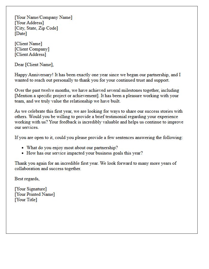Client Appreciation And First Year Anniversary Testimonial Letter