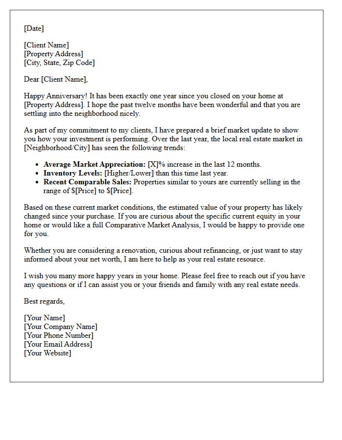One-Year Property Anniversary Market Update And Review Letter