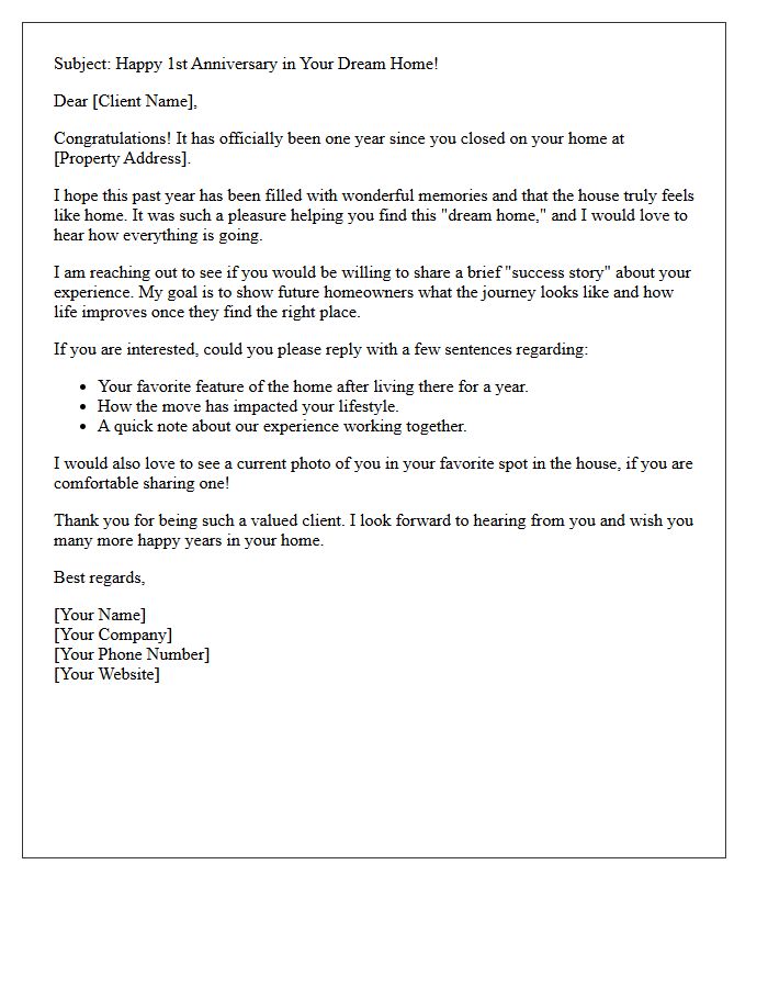 Dream Home First Anniversary Success Story Request Letter