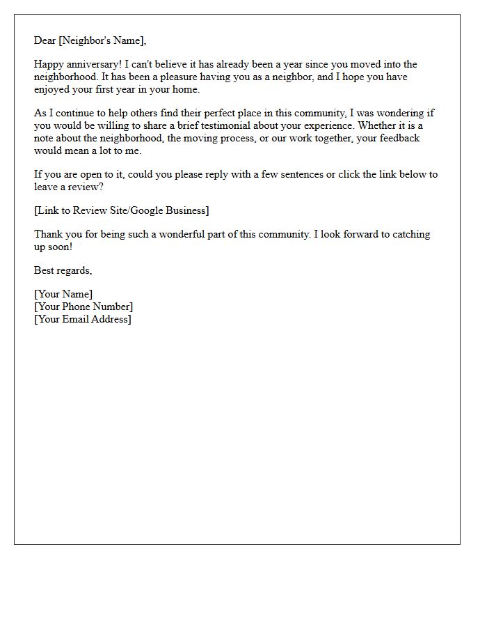 Friendly One-Year Neighborhood Check-In Testimonial Letter
