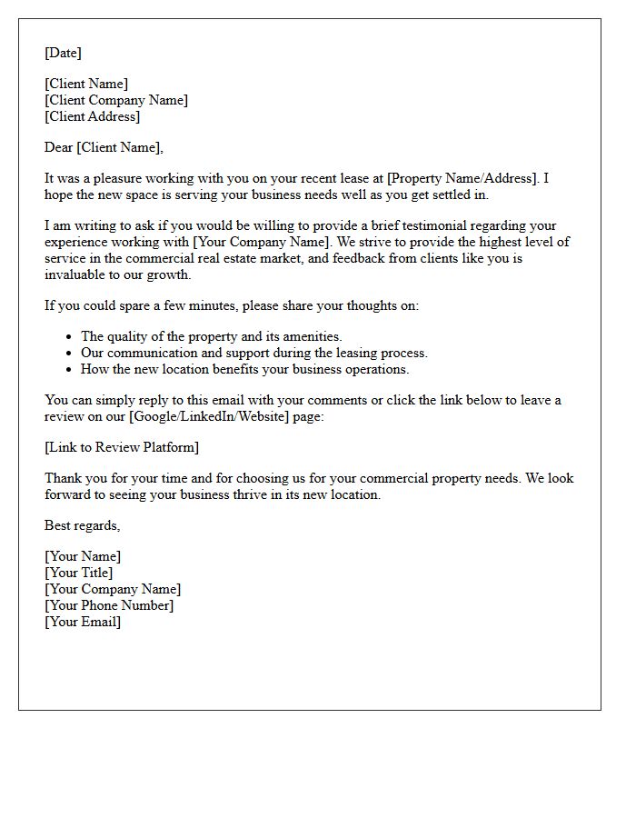 Post-Lease Commercial Property Testimonial Request Letter