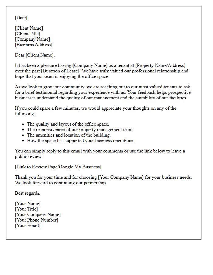 Office Space Commercial Lease Testimonial Request Letter