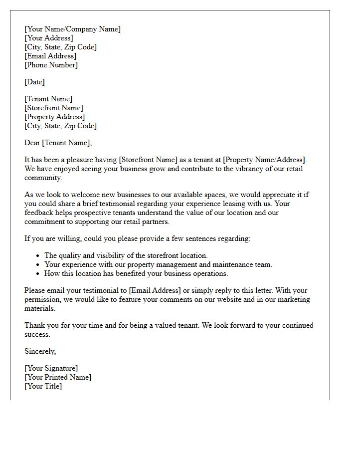 Retail Storefront Commercial Lease Testimonial Request Letter