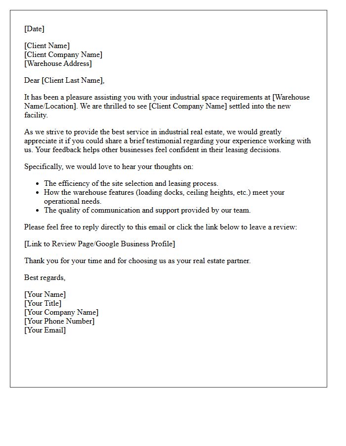 Industrial Warehouse Lease Client Testimonial Request Letter