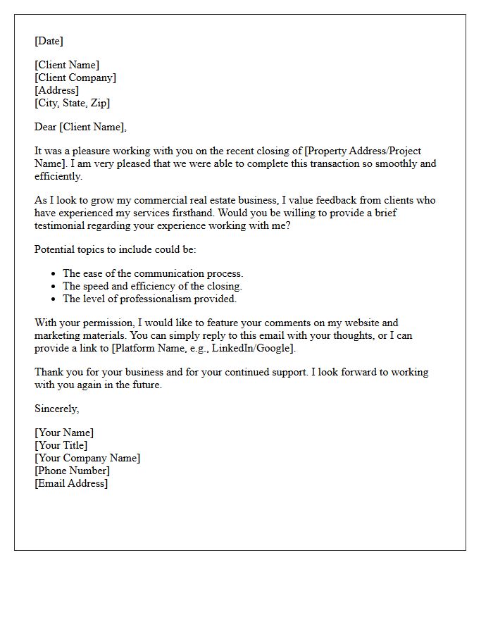 Smooth Transaction Commercial Property Testimonial Request Letter
