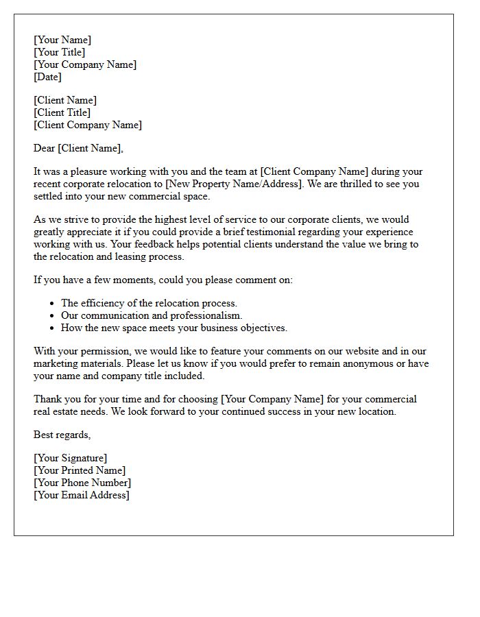 Corporate Relocation Commercial Lease Testimonial Request Letter