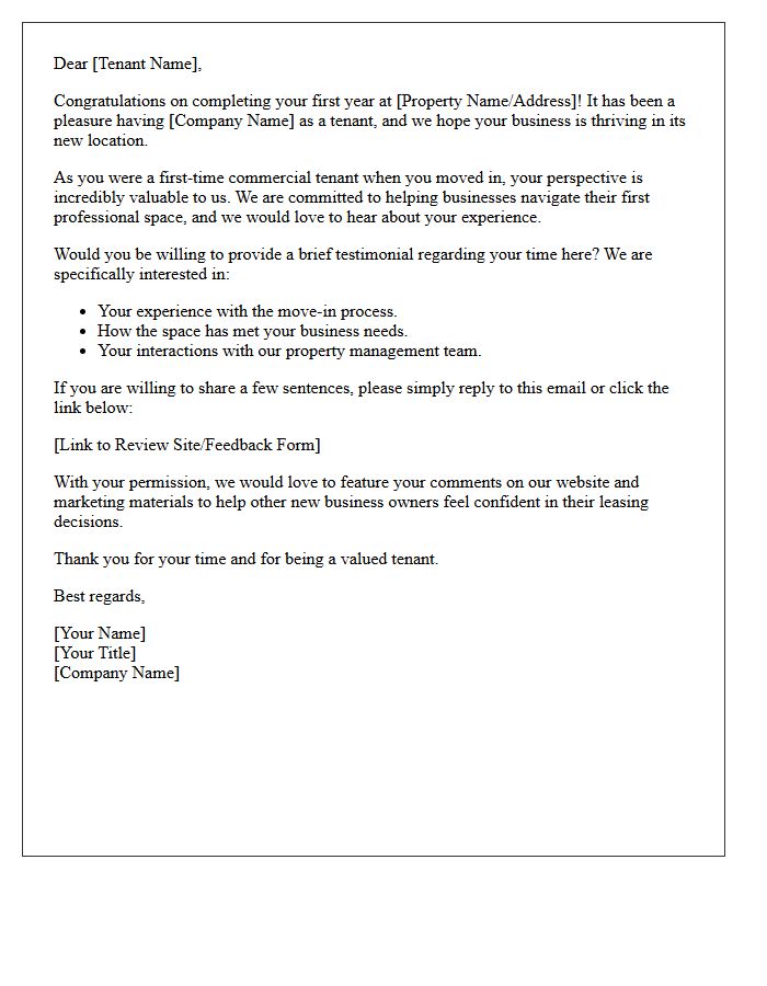 First-Time Commercial Tenant Lease Testimonial Request Letter