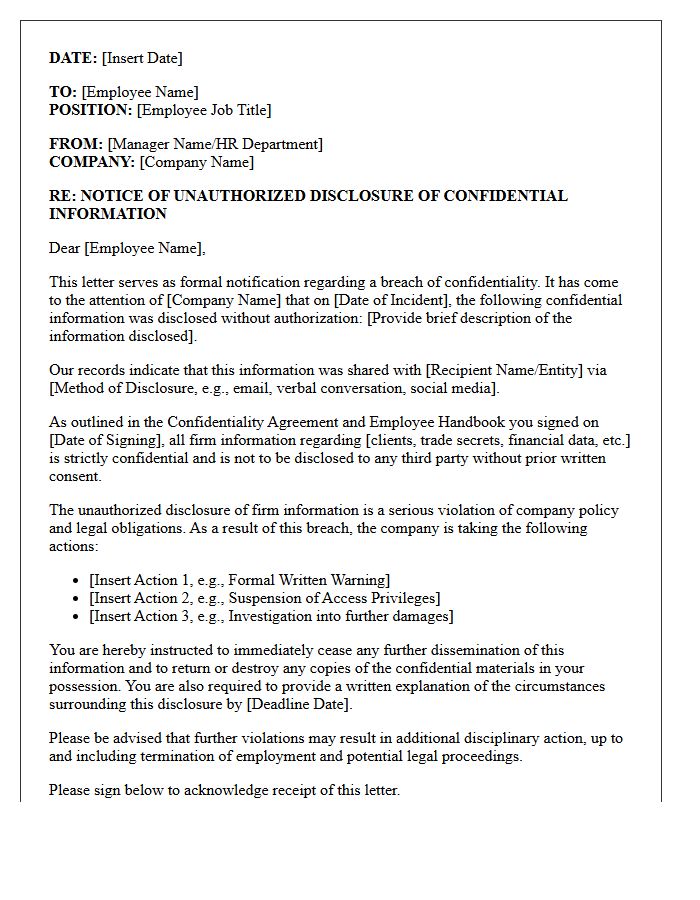 Unauthorized Disclosure Of Confidential Firm Information Letter