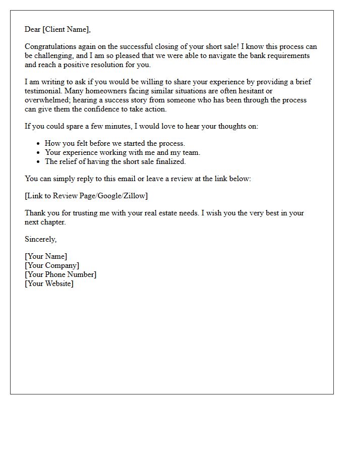 Short Sale Success Story Testimonial Request Letter