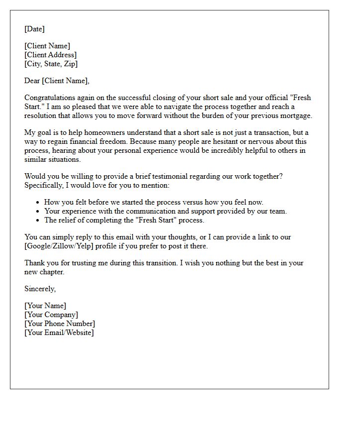 Fresh Start Short Sale Testimonial Request Letter