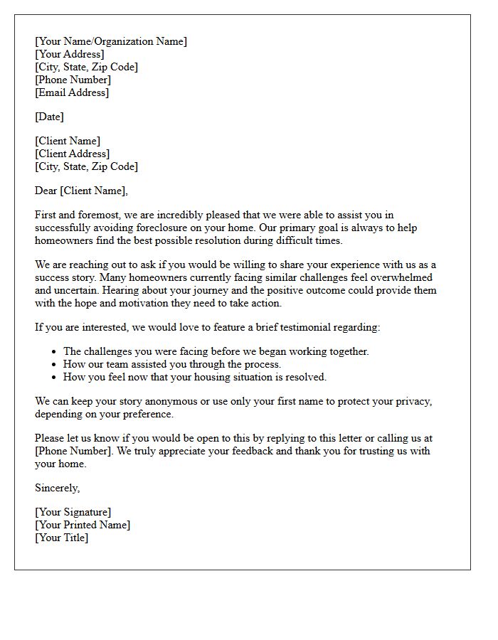 Foreclosure Avoidance Success Story Request Letter