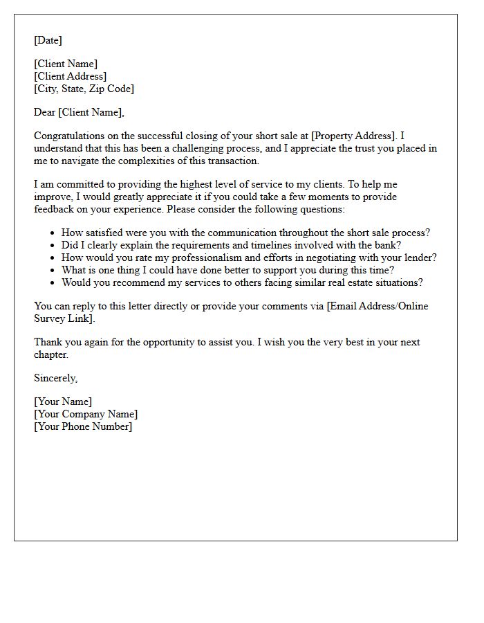 Real Estate Short Sale Client Feedback Letter