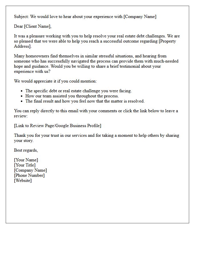 Debt Relief Real Estate Testimonial Request Letter
