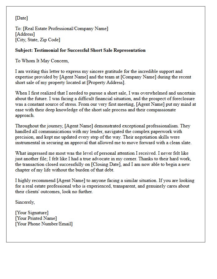 Successful Short Sale Journey Testimonial Letter