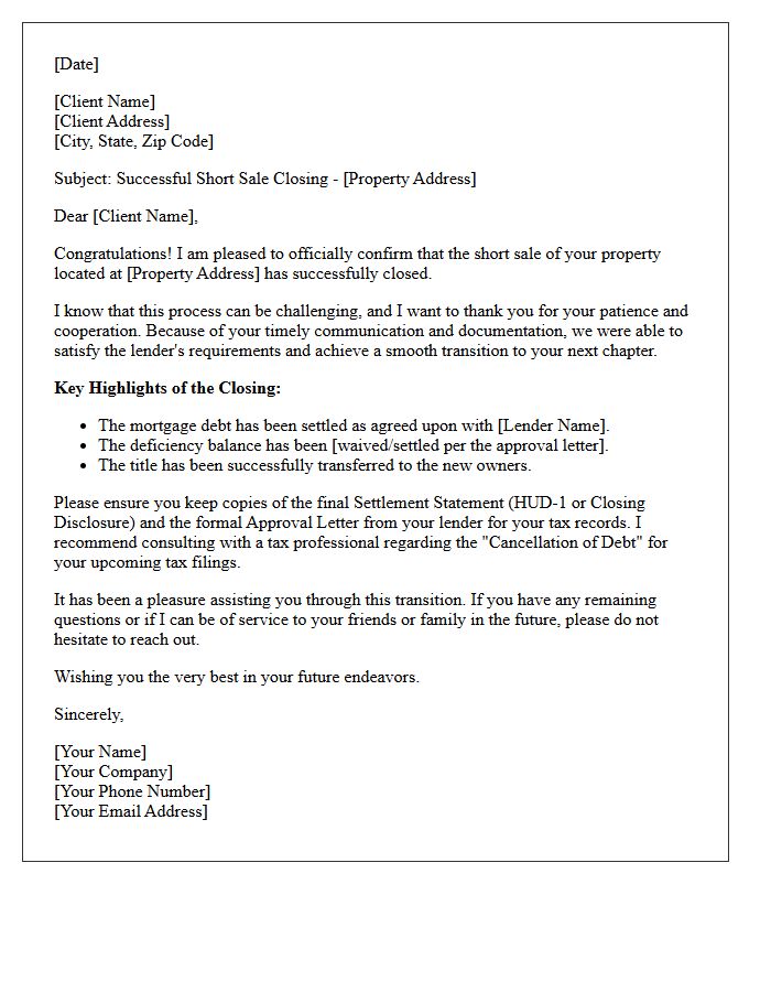 Smooth Transition Short Sale Success Letter