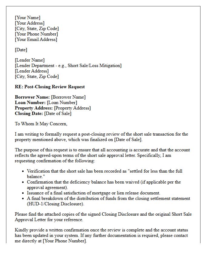 Post-Closing Short Sale Review Request Letter