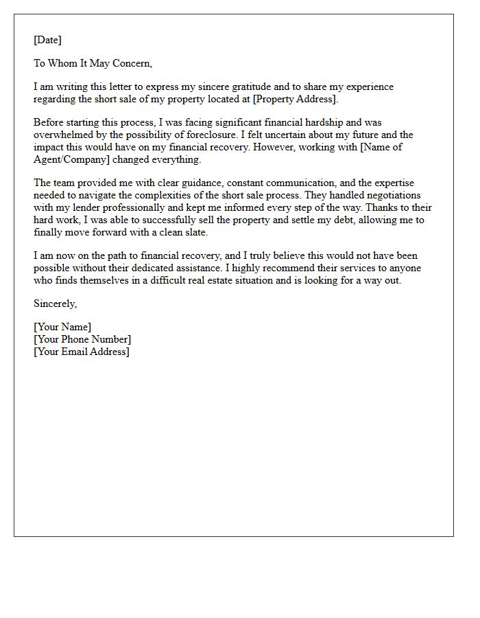 Financial Recovery Short Sale Testimonial Letter