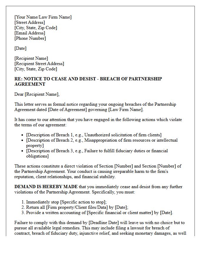 Breach Of Law Firm Partnership Agreement Cease And Desist Letter