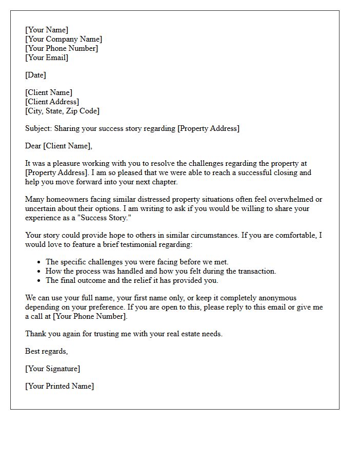 Distressed Property Success Story Request Letter