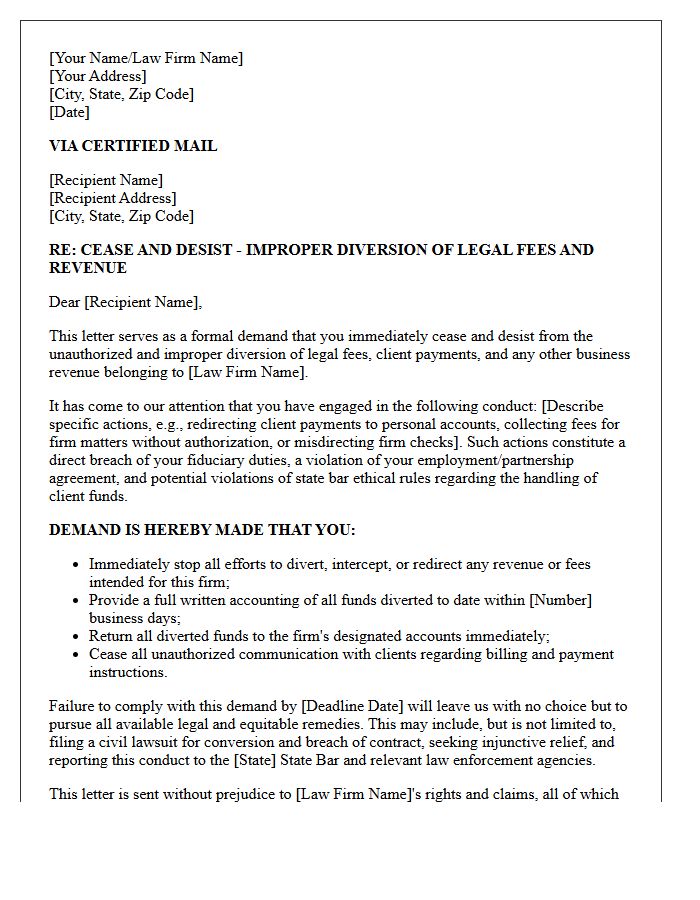 Improper Diversion Of Legal Fees And Revenue Cease And Desist Letter