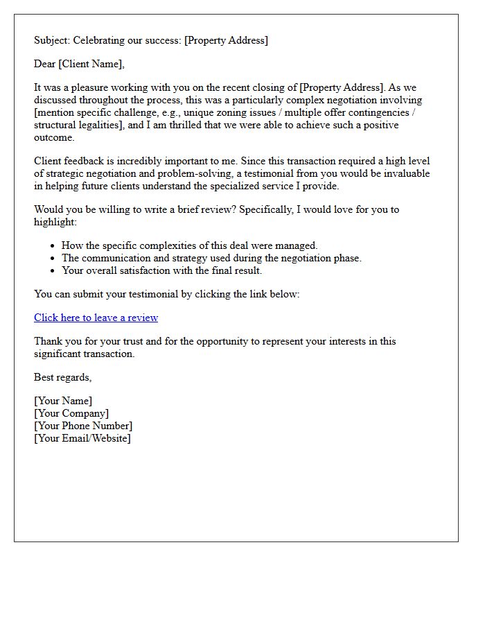 Testimonial Request Letter for a Complex Real Estate Negotiation Success