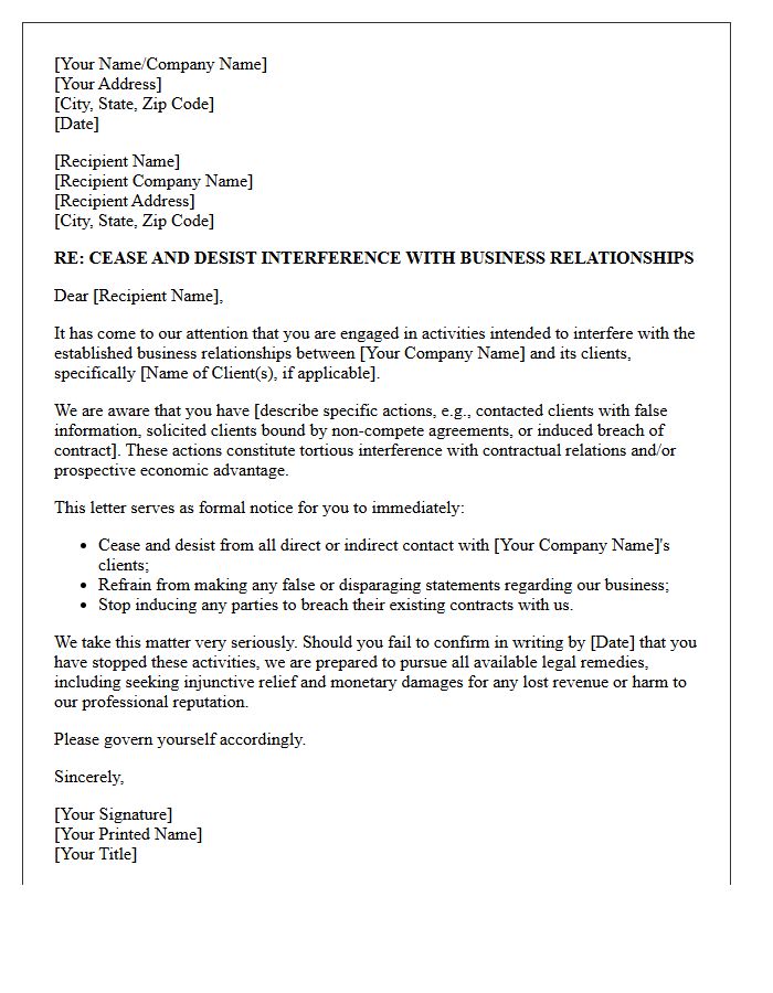Interference With Existing Client Relationships Cease And Desist Letter