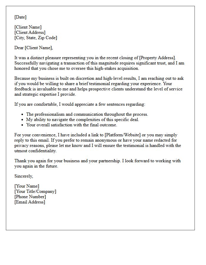 High-Stakes Property Deal Testimonial Request Letter