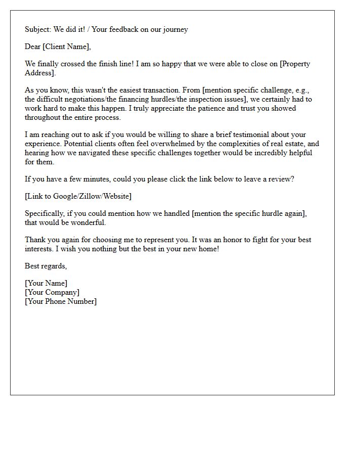 Request Letter for a Hard-Fought Real Estate Success Testimonial