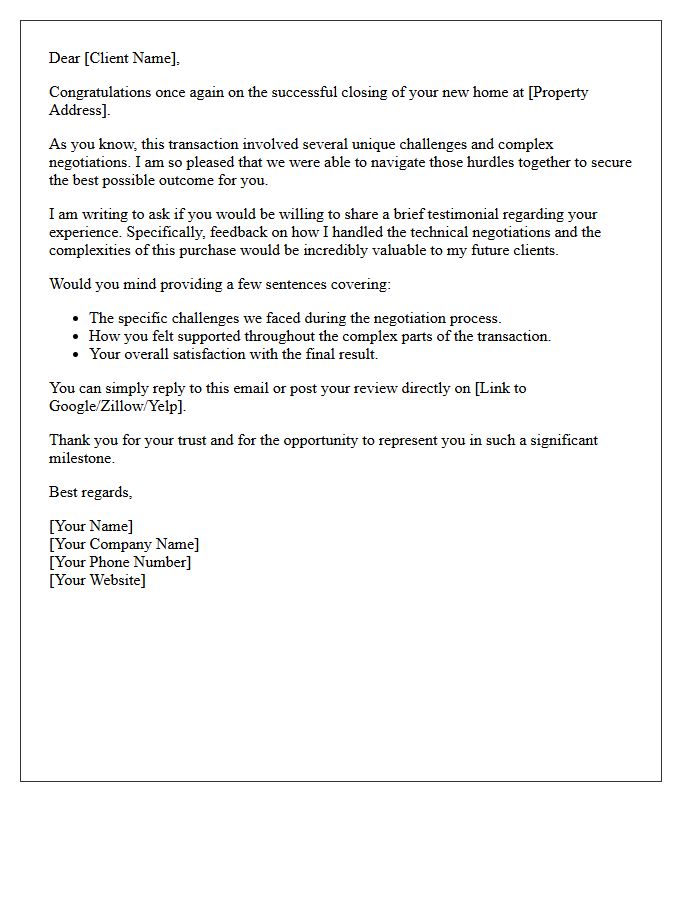 Complex Home Purchase Negotiation Testimonial Request Letter