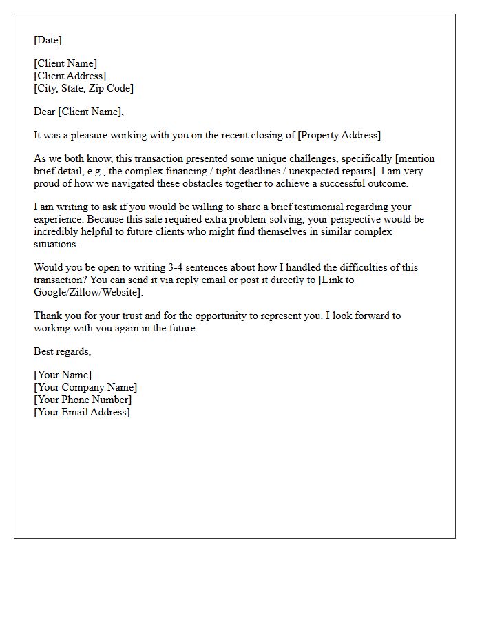 Request Letter for a Challenging Real Estate Transaction Testimonial