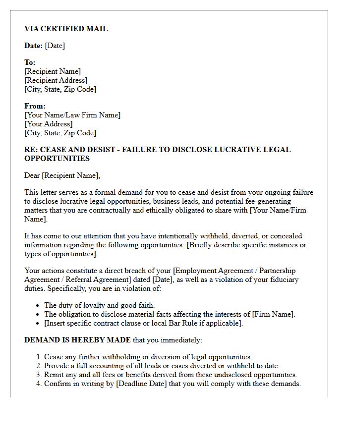 Failure To Disclose Lucrative Legal Opportunities Cease And Desist Letter