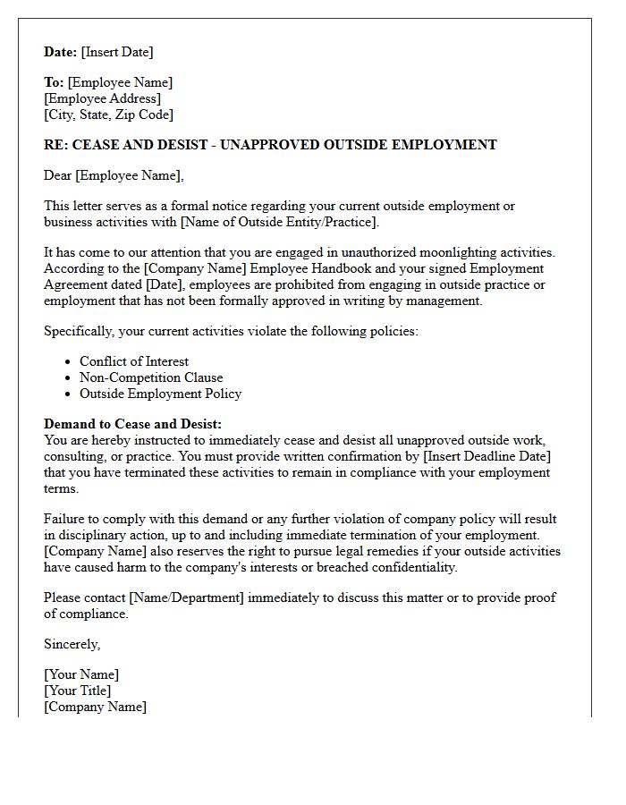 Unapproved Moonlighting And Outside Practice Cease And Desist Letter
