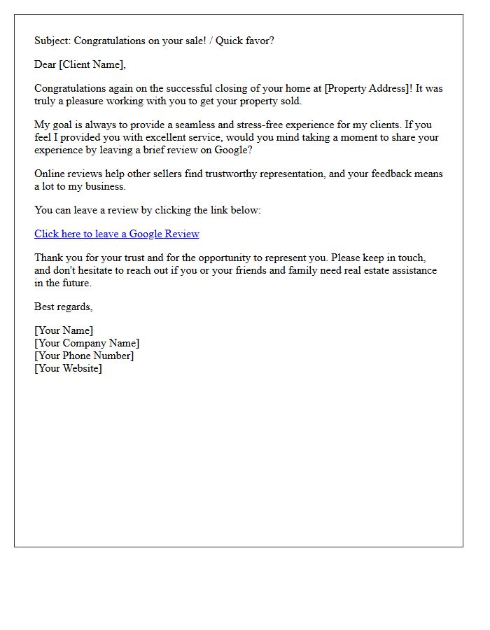 Post-Closing Google Review Request Letter for Real Estate Sellers