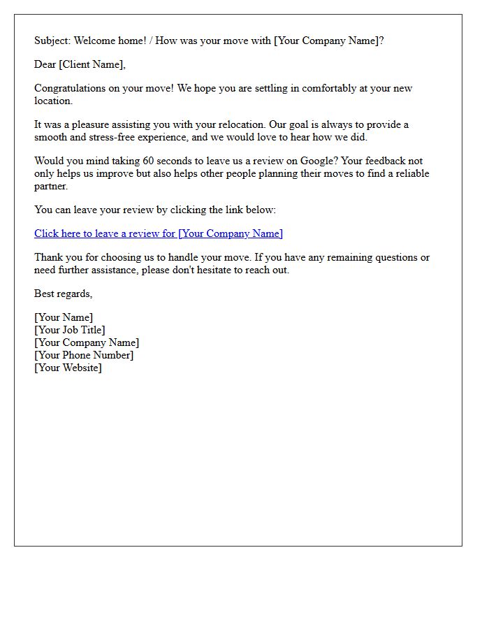 Letter Asking for Google Business Review from Relocation Clients