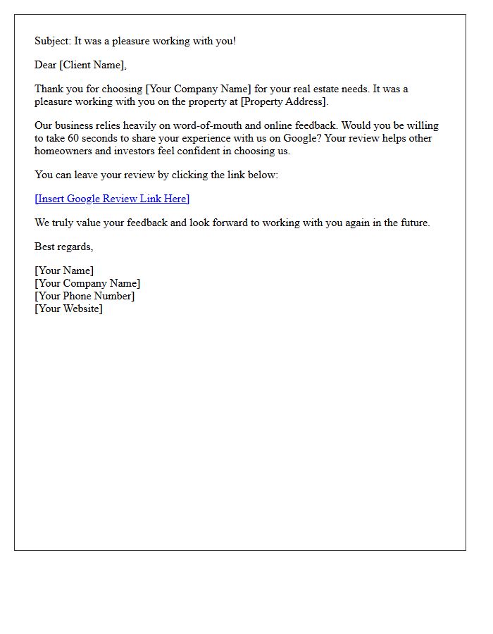 Real Estate Investor Google Business Testimonial Request Letter
