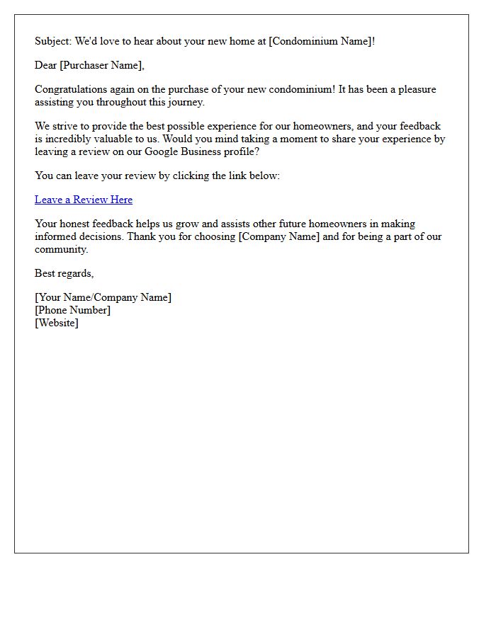 Condominium Purchaser Google Business Review Request Letter
