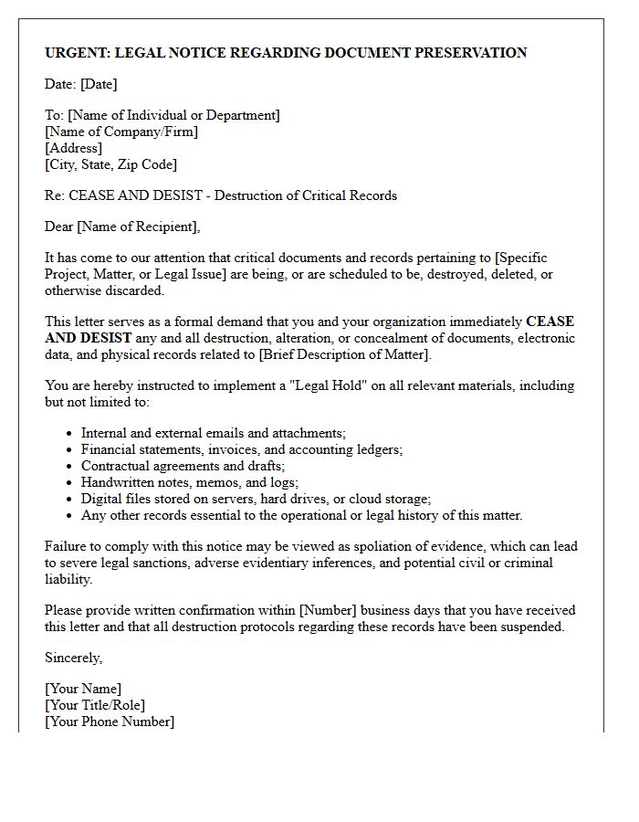 Destruction Of Critical Firm Documents And Records Cease And Desist Letter