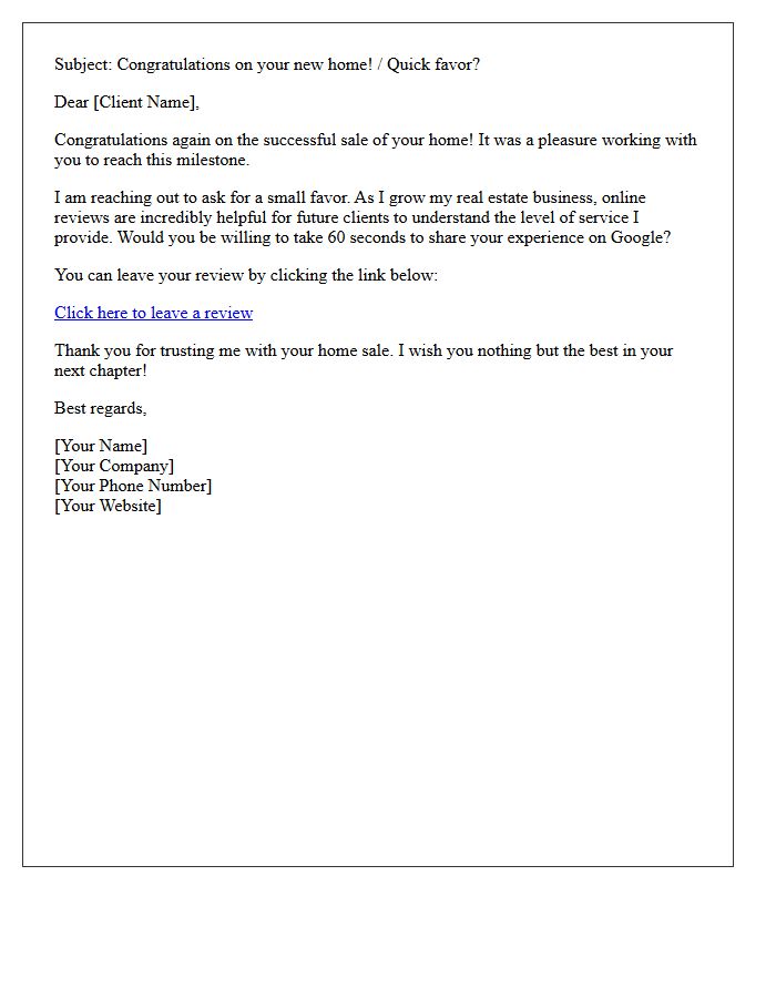 Successful Home Sale Google Business Review Request Letter